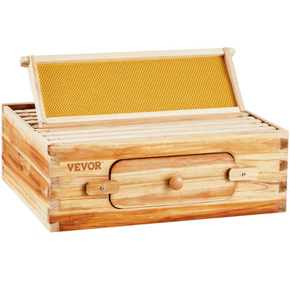 Bee Hive Medium Box Starter Kit, 100% Beeswax Coated Natural Fir Wood, Langstroth Beehive Kit with 10 Frames and Foundations, Transparent Acrylic Bee Windows for Beginners and Pro Beekeepers