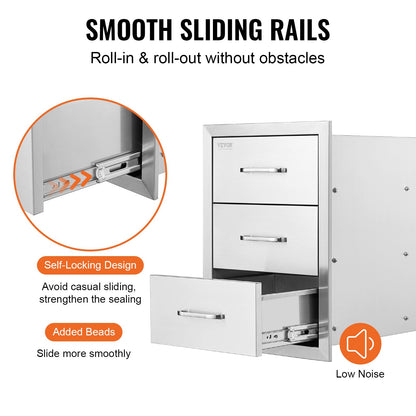 Outdoor Kitchen Drawers 16\" W x 21.5\" H x 18\" D, Flush Mount Triple Access BBQ Drawers with Stainless Steel Handle, BBQ Island Drawers for Outdoor Kitchens or BBQ Island Patio Grill Station