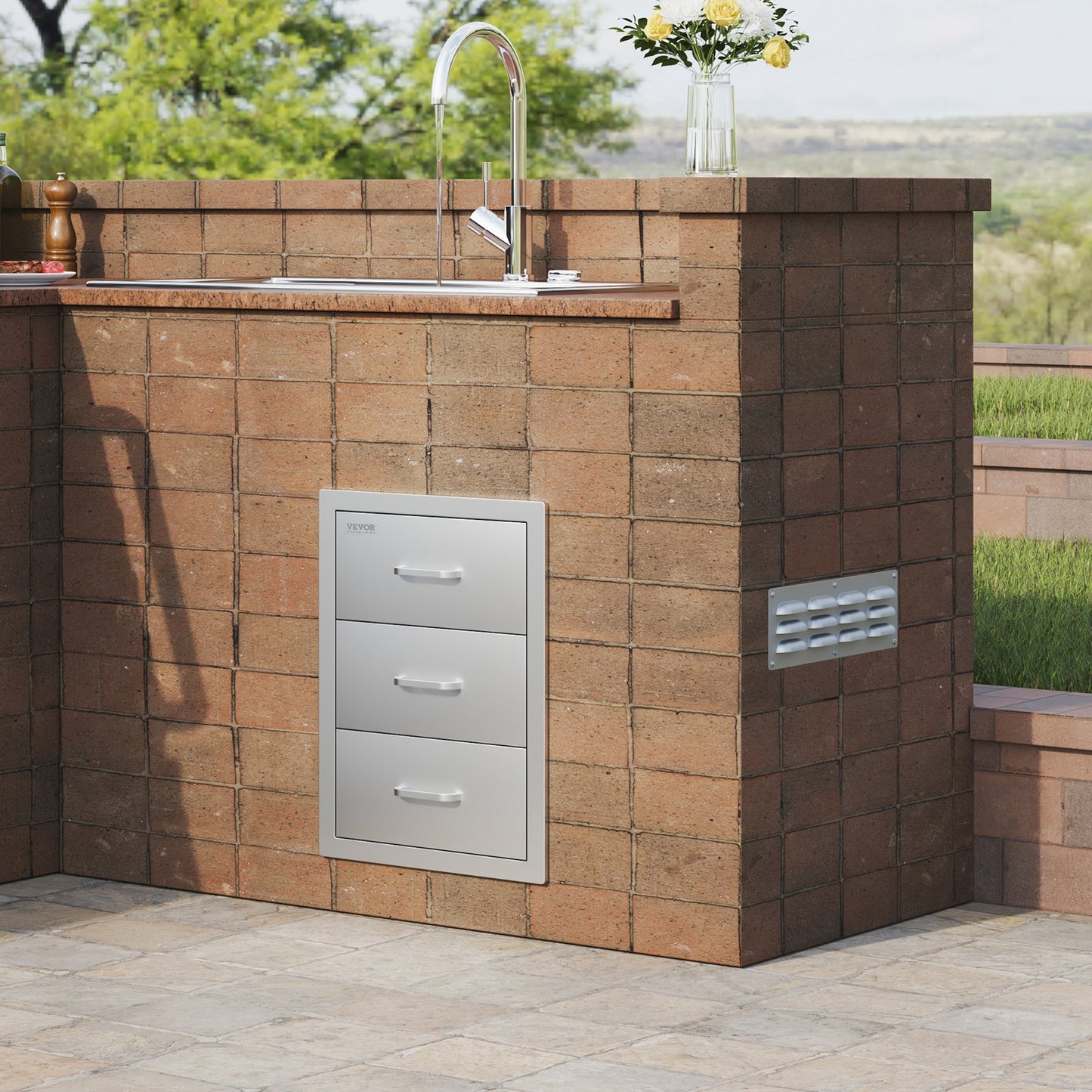 Outdoor Kitchen Drawers 16\" W x 21.5\" H x 18\" D, Flush Mount Triple Access BBQ Drawers with Stainless Steel Handle, BBQ Island Drawers for Outdoor Kitchens or BBQ Island Patio Grill Station