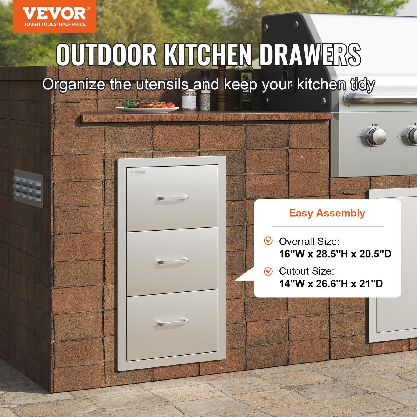 Outdoor Kitchen Drawers 16\" W x 28.5\" H x 20.5\" D, Flush Mount Triple Access BBQ Drawers Stainless Steel with Handle, BBQ Island Drawers for Outdoor Kitchens or Patio Grill Station