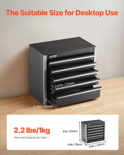 Verktygslåda i metall, 8,6 tum, bärbar verktygslåda i metall med 5 lådor, liten verktygslåda med EVA-foder och PP-fötter, kraftigt stål med kullageröppning och pulverlackerad finish, svart