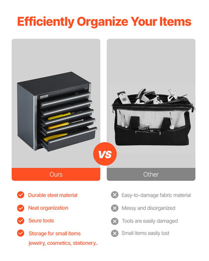 Verktygslåda i metall, 8,6 tum, bärbar verktygslåda i metall med 5 lådor, liten verktygslåda med EVA-foder och PP-fötter, kraftigt stål med kullageröppning och pulverlackerad finish, svart
