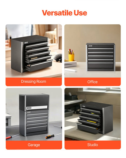 Verktygslåda i metall, 8,6 tum, bärbar verktygslåda i metall med 5 lådor, liten verktygslåda med EVA-foder och PP-fötter, kraftigt stål med kullageröppning och pulverlackerad finish, svart