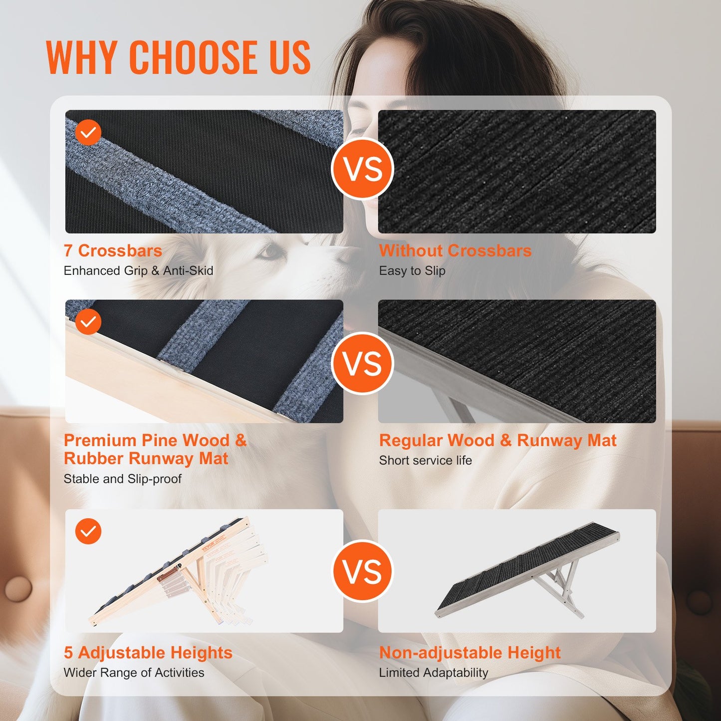 Hundramp, Hopfällbar husdjursramp för säng, Justerbar hundramp för små, stora, gamla hundar och katter, Husdjursramp i trä med 100 cm lång ramp, Justerbar från 38 cm till 56 cm, Lämplig för soffa, bil