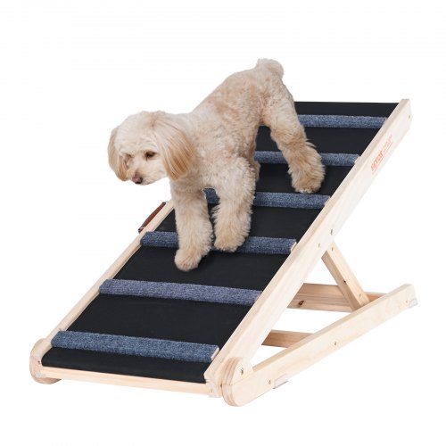 Dog Ramp, Folding Pet Ramp for Bed, Adjustable Dog Ramp for Small, Large, Old Dogs & Cats, Wooden Pet Ramp with 105 cm Long Ramp, Adjustable from 35 cm to 65 cm, Suitable for Couch, Sofa, Car
