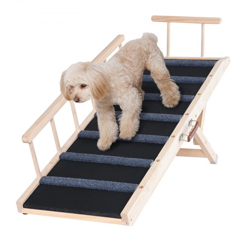 Dog Ramp, Folding Pet Ramp for Bed, Adjustable Dog Ramp for Small, Large, Old Dogs & Cats, Wooden Pet Ramp with 120 cm Long Ramp, Adjustable from 35 cm to 70 cm, Suitable for Couch, Sofa, Car