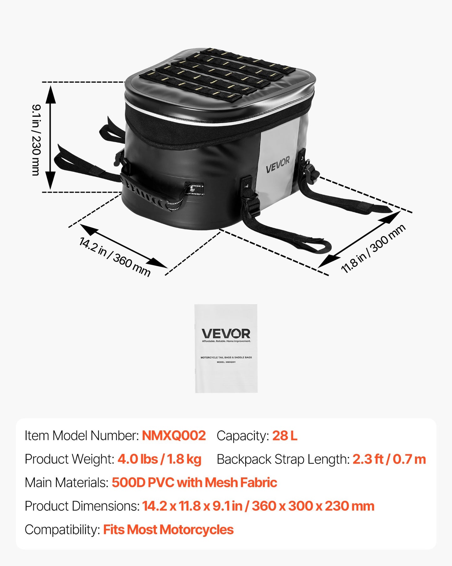 Motorcycle Tail Bag, 28 L Motorcycle Rear Seat Bag with Waterproof Fabric, Outdoor Sports Motorbike Luggage Storage Trunk Handbag with Pocket & Adjustable Buckle, Universal Fit Rear Racks, Black