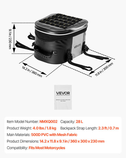 Motorcycle Tail Bag, 28 L Motorcycle Rear Seat Bag with Waterproof Fabric, Outdoor Sports Motorbike Luggage Storage Trunk Handbag with Pocket & Adjustable Buckle, Universal Fit Rear Racks, Black