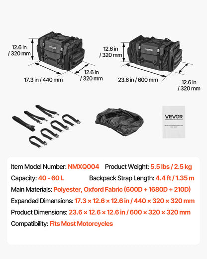 Motorcykel baksätesväska, 40-60 L expanderbar motorcykel baksätesväska med vattentätt regnskydd, hopfällbar utomhussportsmotorcykelbagageförvaring med axelremmar, ficka och elastiskt snöre, svart