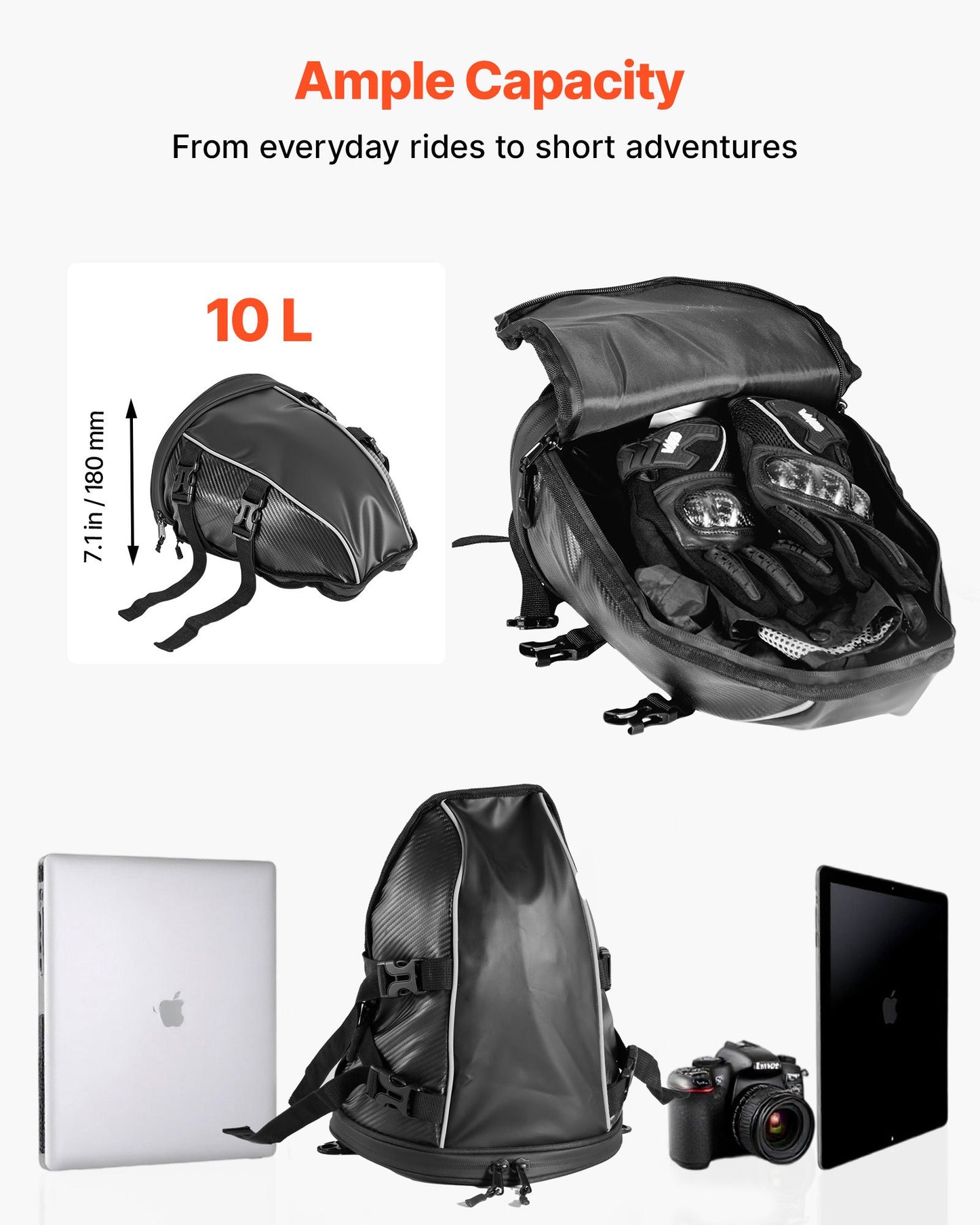 Motorcycle Tail Bag, 10 L Motorcycle Rear Seat Bag with Waterproof Rain Cover, Outdoor Sports Motorbike Luggage Storage Trunk Rack Backpack Handbag with Shoulder Strap and Inner Pocket, Black