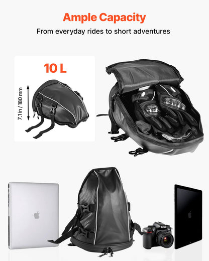 Motorcycle Tail Bag, 10 L Motorcycle Rear Seat Bag with Waterproof Rain Cover, Outdoor Sports Motorbike Luggage Storage Trunk Rack Backpack Handbag with Shoulder Strap and Inner Pocket, Black