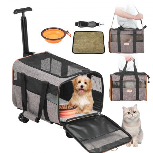 Cat Carrier with Wheels, Airline Approved Rolling Pet Carrier with Telescopic Handle and Shoulder Strap, Dog Carrier with Wheels for Pets under 22 lbs, with 1 Folding Bowl, Grey