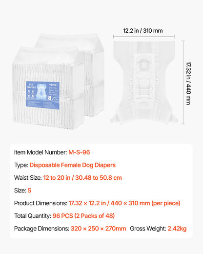Engångsblöjor för hundar, superabsorberande blöjor för tikhundar, 360° läckagesäker blöja för tikhundar med våtindikator för löpperioder, träning, inkontinens - S, 96 st (2 förpackningar med 48)