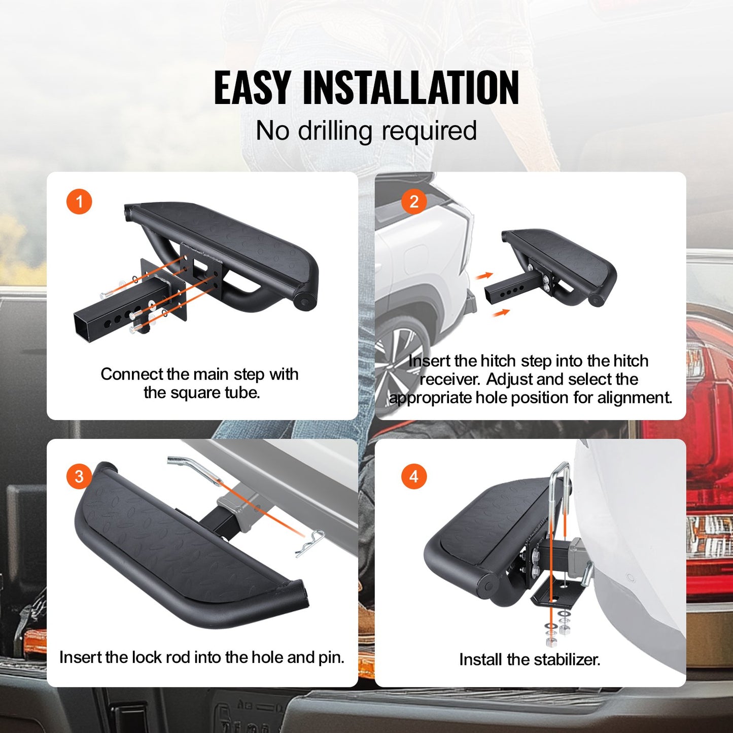 Dragkrok för 5 cm fäste, stark stålkonstruktion med 165 kg lastkapacitet, bakre stötfångarskydd med låsstift och stabilisator, universell passform för lastbil, SUV, pickup, släpvagn