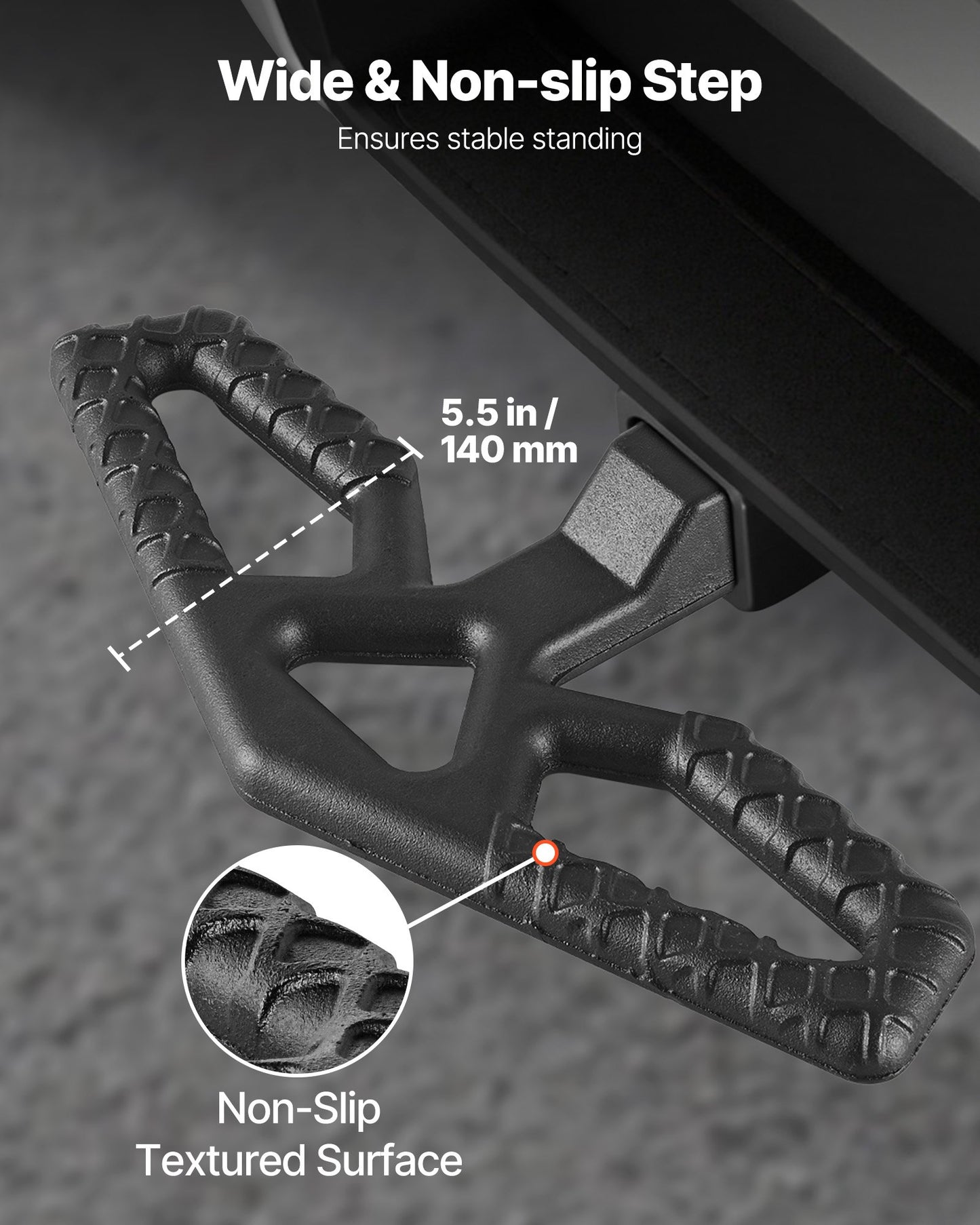 Dragkroksfotsteg för 5 cm mottagare, universellt bakre stötfångarskydd med 159 kg lastkapacitet, brett och halkfritt dragkroksfotsteg med sprintsats och stabilisator, passar för lastbil, SUV, pickup, släpvagn