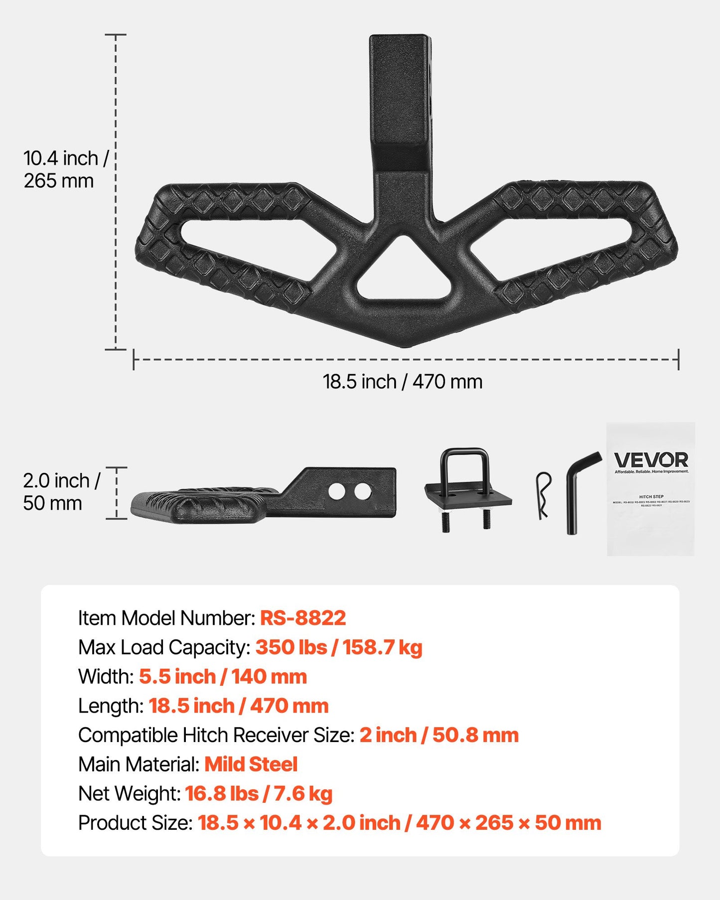 Dragkroksfotsteg för 5 cm mottagare, universellt bakre stötfångarskydd med 159 kg lastkapacitet, brett och halkfritt dragkroksfotsteg med sprintsats och stabilisator, passar för lastbil, SUV, pickup, släpvagn