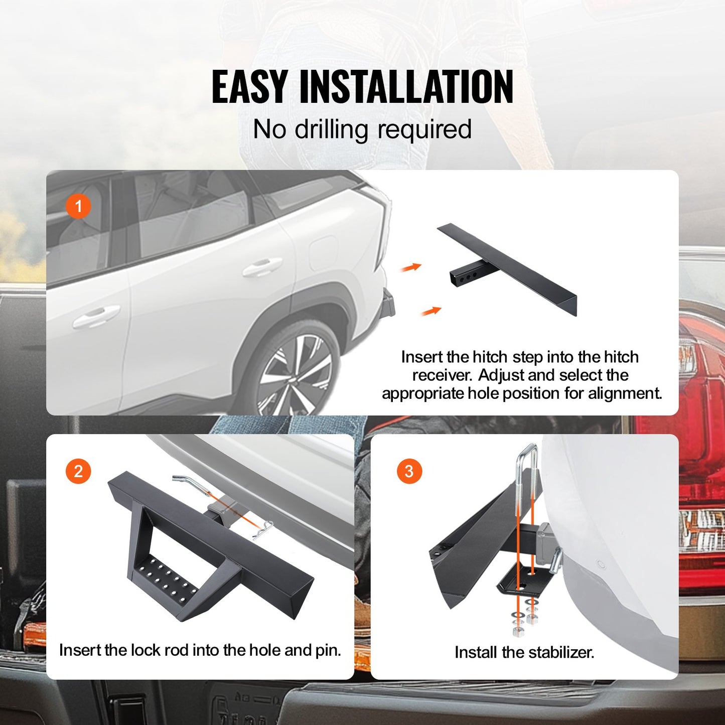 Hitch Step for 2 Inch Receiver, Strong Steel Construction with 300 LBS Load Capacity, Rear Bumper Guard Protector with Pin Lock and Stabilizer, Universal Fit for Truck, SUV, Pickup, Trailer