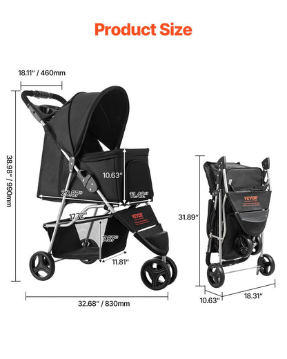 Pet Stroller, 35 lbs Weight Capacity, Foldable Dog Stroller Cart, 3 Wheels Cats Stroller with Mesh Windows and Cup Holders, Portable Pet Carrier Stroller with Brake, for Small to Medium Pets