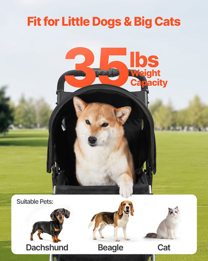Pet Stroller, 35 lbs Weight Capacity, Foldable Dog Stroller Cart, 3 Wheels Cats Stroller with Mesh Windows and Cup Holders, Portable Pet Carrier Stroller with Brake, for Small to Medium Pets