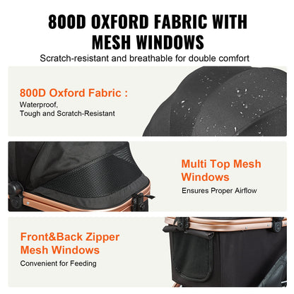 Hundvagn, 4 hjul, roterbar hundvagn med bromsar, 29,9 kg viktkapacitet, valpvagn med avtagbar bärare, förvaringskorg och husdjursdyna, för små till medelstora hundar, svart