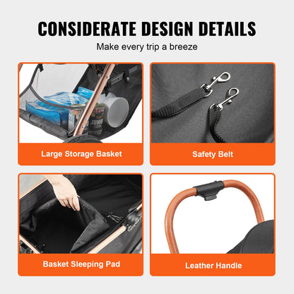 Hundvagn, 4 hjul, roterbar hundvagn med bromsar, 29,9 kg viktkapacitet, valpvagn med avtagbar bärare, förvaringskorg och husdjursdyna, för små till medelstora hundar, svart