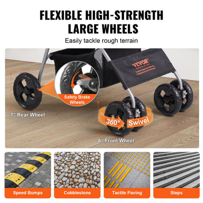 Hundvagn, 4 hjul, roterbar hundvagn med bromsar, viktkapacitet 14,5 kg, valpvagn med avtagbar bärare, förvaringskorg och mugghållare, för hundar och katter, svart + mörkgrå