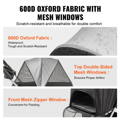 Hundvagn, 4 hjul, roterbar hundvagn med bromsar, viktkapacitet 14,5 kg, valpvagn med avtagbar bärare, förvaringskorg och mugghållare, för hundar och katter, svart + mörkgrå