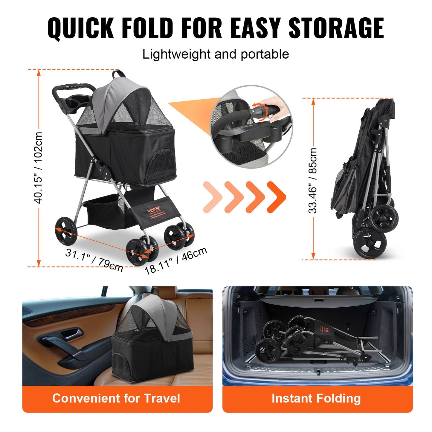 Hundvagn, 4 hjul, roterbar hundvagn med bromsar, viktkapacitet 14,5 kg, valpvagn med avtagbar bärare, förvaringskorg och mugghållare, för hundar och katter, svart + mörkgrå