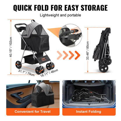 Hundvagn, 4 hjul, roterbar hundvagn med bromsar, viktkapacitet 14,5 kg, valpvagn med avtagbar bärare, förvaringskorg och mugghållare, för hundar och katter, svart + mörkgrå