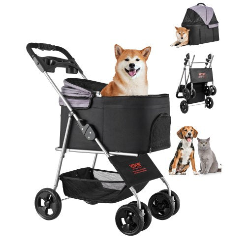 Pet Stroller, 35 lbs Weight Capacity, Foldable Dog Stroller Cart, 4 Wheels Cats Pram with Detachable Carrier & Mesh Windows, Portable Animal Carrier with Brake for Small to Medium Pets