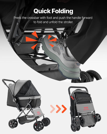 Husdjursvagn, 18 kg viktkapacitet, hopfällbar hundvagn, 4 hjul kattvagn med nätfönster och vändbart handtag, bärbar husdjursvagn med broms, för små till medelstora husdjur