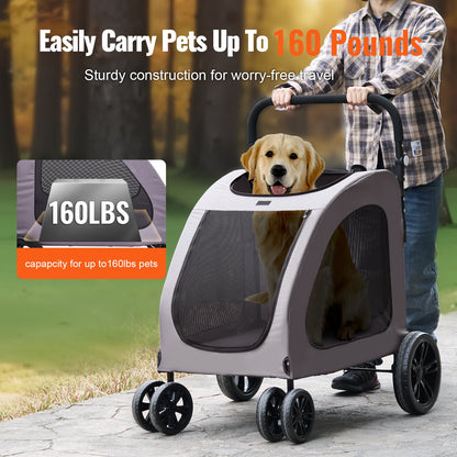 Pet Stroller, 4 Wheels Dog Stroller with Brakes, 160lbs Weight Capacity, Portable Puppy Stroller Carrier with Breathable Mesh Windows & Height-Adjustable Height, Animal Stroller for Cats & Dogs
