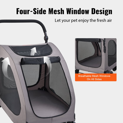 Pet Stroller, 4 Wheels Dog Stroller with Brakes, 160lbs Weight Capacity, Portable Puppy Stroller Carrier with Breathable Mesh Windows & Height-Adjustable Height, Animal Stroller for Cats & Dogs