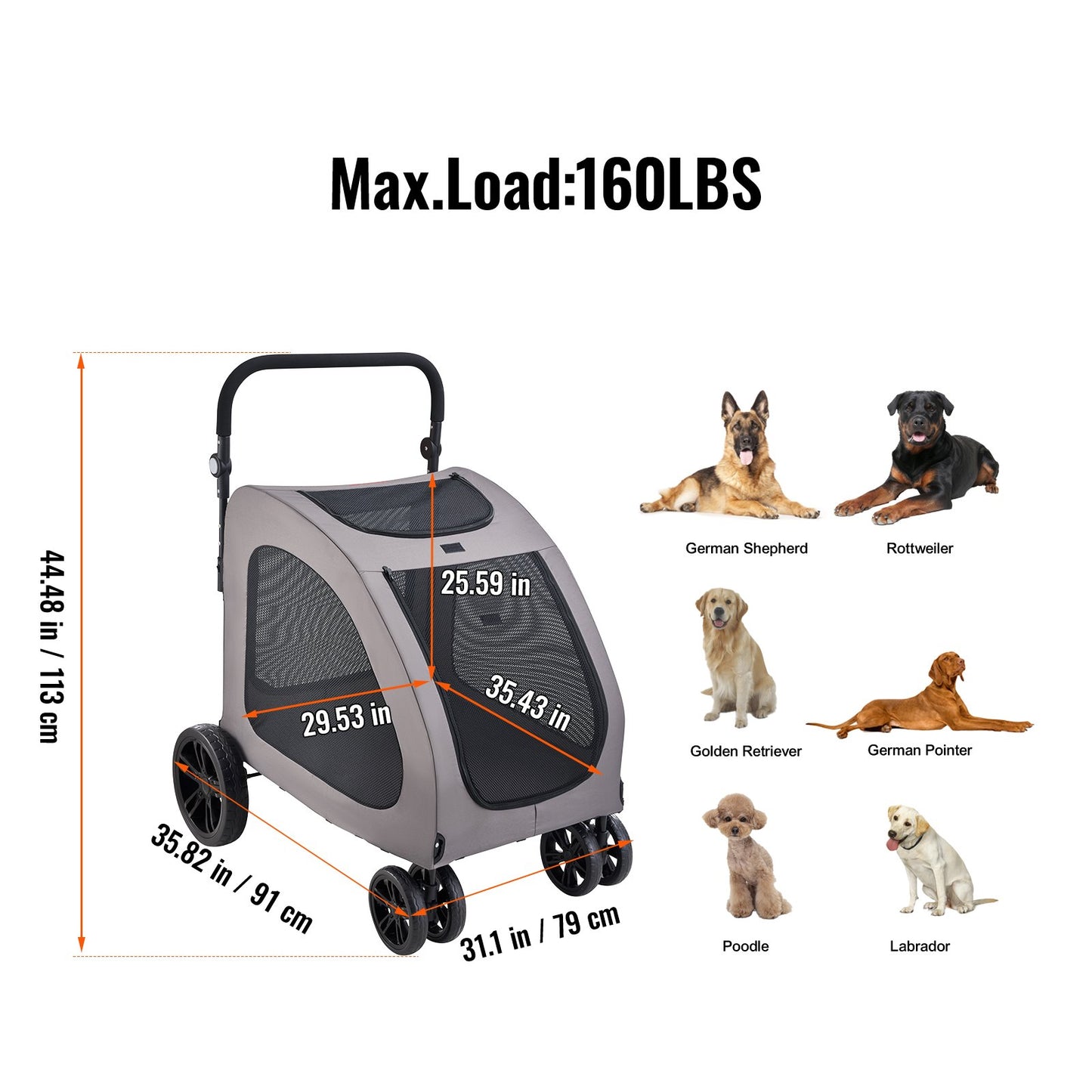Pet Stroller, 4 Wheels Dog Stroller with Brakes, 160lbs Weight Capacity, Portable Puppy Stroller Carrier with Breathable Mesh Windows & Height-Adjustable Height, Animal Stroller for Cats & Dogs