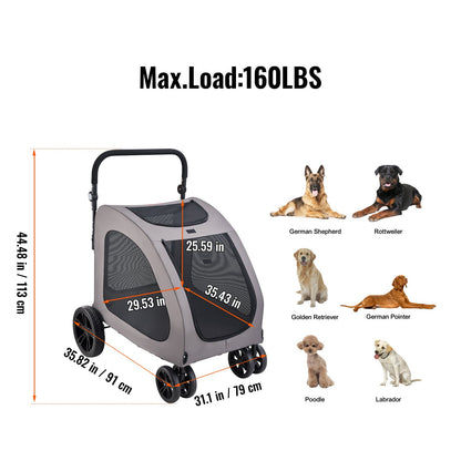 Pet Stroller, 4 Wheels Dog Stroller with Brakes, 160lbs Weight Capacity, Portable Puppy Stroller Carrier with Breathable Mesh Windows & Height-Adjustable Height, Animal Stroller for Cats & Dogs
