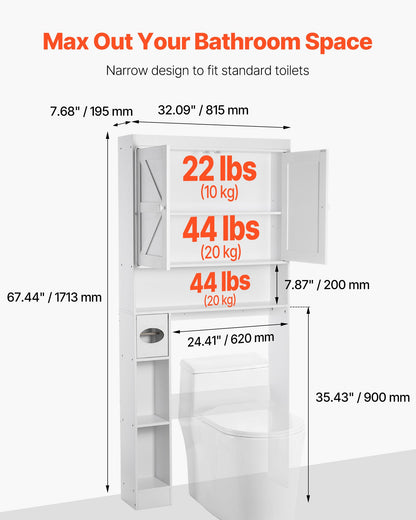 Förvaringsskåp över toaletten, 171,3 cm hög badrumsförvaringsorganisatör med dubbeldörr och justerbar hylla, platsbesparande badrumsorganisatör ovanför toaletten med öppen hylla, vit