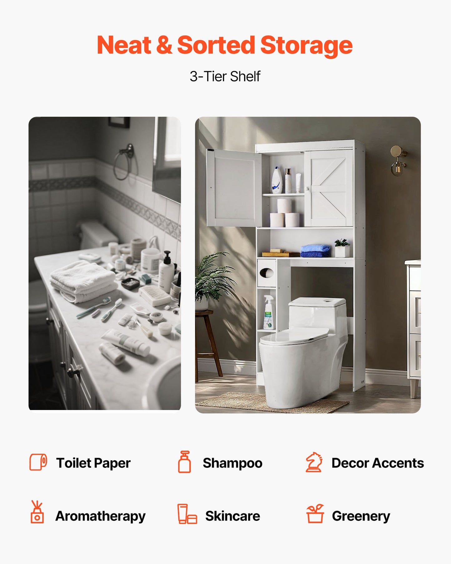 Förvaringsskåp över toaletten, 171,3 cm hög badrumsförvaringsorganisatör med dubbeldörr och justerbar hylla, platsbesparande badrumsorganisatör ovanför toaletten med öppen hylla, vit