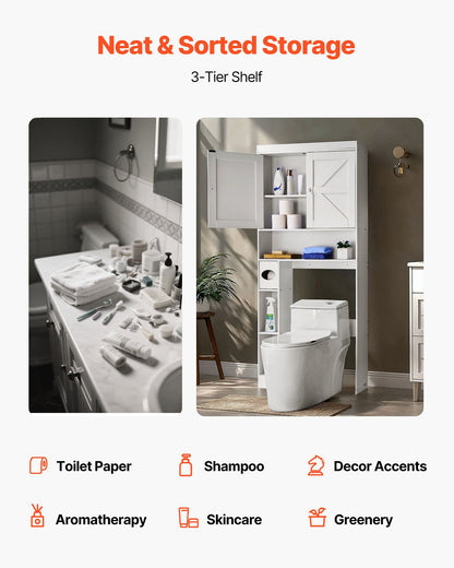 Förvaringsskåp över toaletten, 171,3 cm hög badrumsförvaringsorganisatör med dubbeldörr och justerbar hylla, platsbesparande badrumsorganisatör ovanför toaletten med öppen hylla, vit