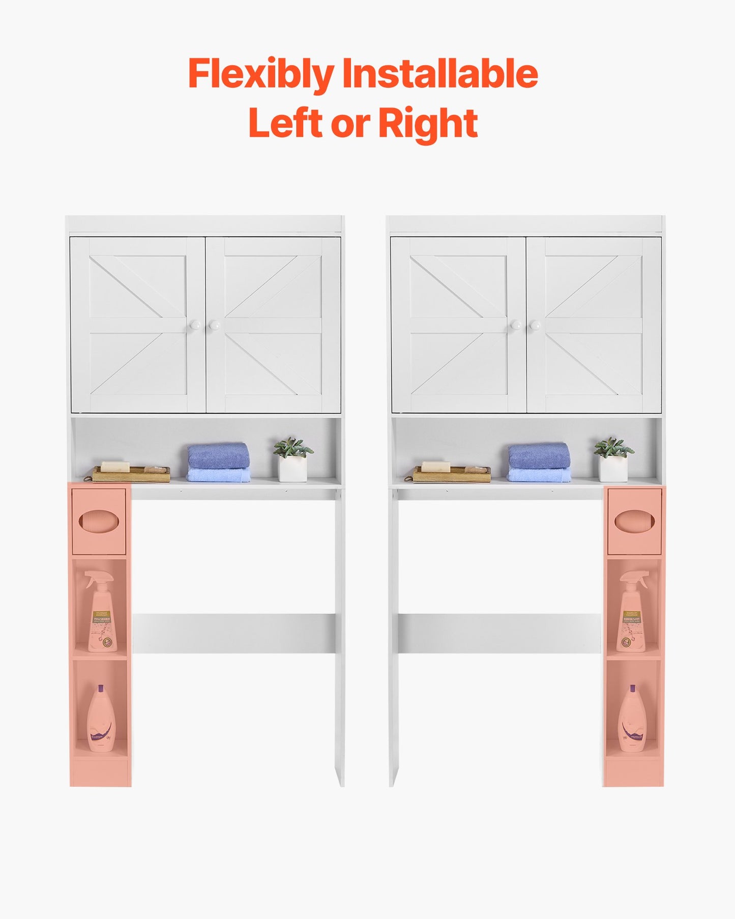 Förvaringsskåp över toaletten, 171,3 cm hög badrumsförvaringsorganisatör med dubbeldörr och justerbar hylla, platsbesparande badrumsorganisatör ovanför toaletten med öppen hylla, vit