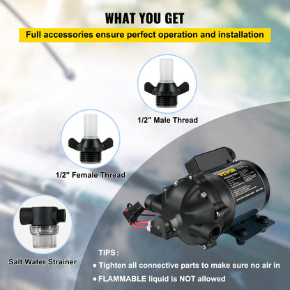 Washdown Pump, 12V DC, 26 L/min(7 GPM) 4 bar(60 PSI), Max. 3 m(10 FT) Lift Self Priming Water Pump, with EPDM Valve, Universal Salt Water Strainer & Female/Male Thread, for RV, Marine Deck, Yacht