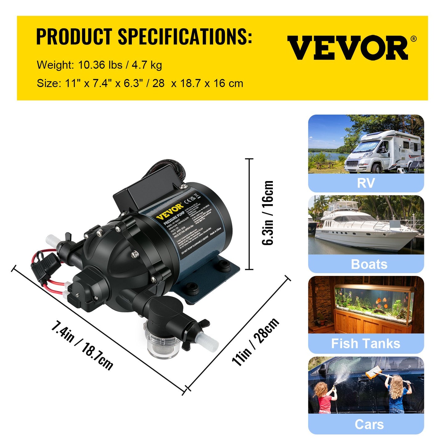 Washdown Pump, 12V DC, 26 L/min(7 GPM) 4 bar(60 PSI), Max. 3 m(10 FT) Lift Self Priming Water Pump, with EPDM Valve, Universal Salt Water Strainer & Female/Male Thread, for RV, Marine Deck, Yacht