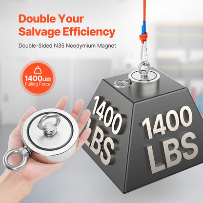 Magnet Fishing Kit, 1400 LBS/635 Kg Double-Sided Pulling Force Magnet Fishing Kit, Rare Earth Neodymium Magnetic Fishing Kit Includes Grappling Hook, Heavy Duty Rope, Gloves, Eyebolt, Carry Case