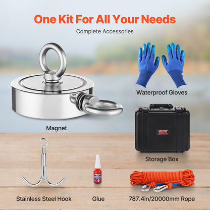 Magnet Fishing Kit, 1400 LBS/635 Kg Double-Sided Pulling Force Magnet Fishing Kit, Rare Earth Neodymium Magnetic Fishing Kit Includes Grappling Hook, Heavy Duty Rope, Gloves, Eyebolt, Carry Case