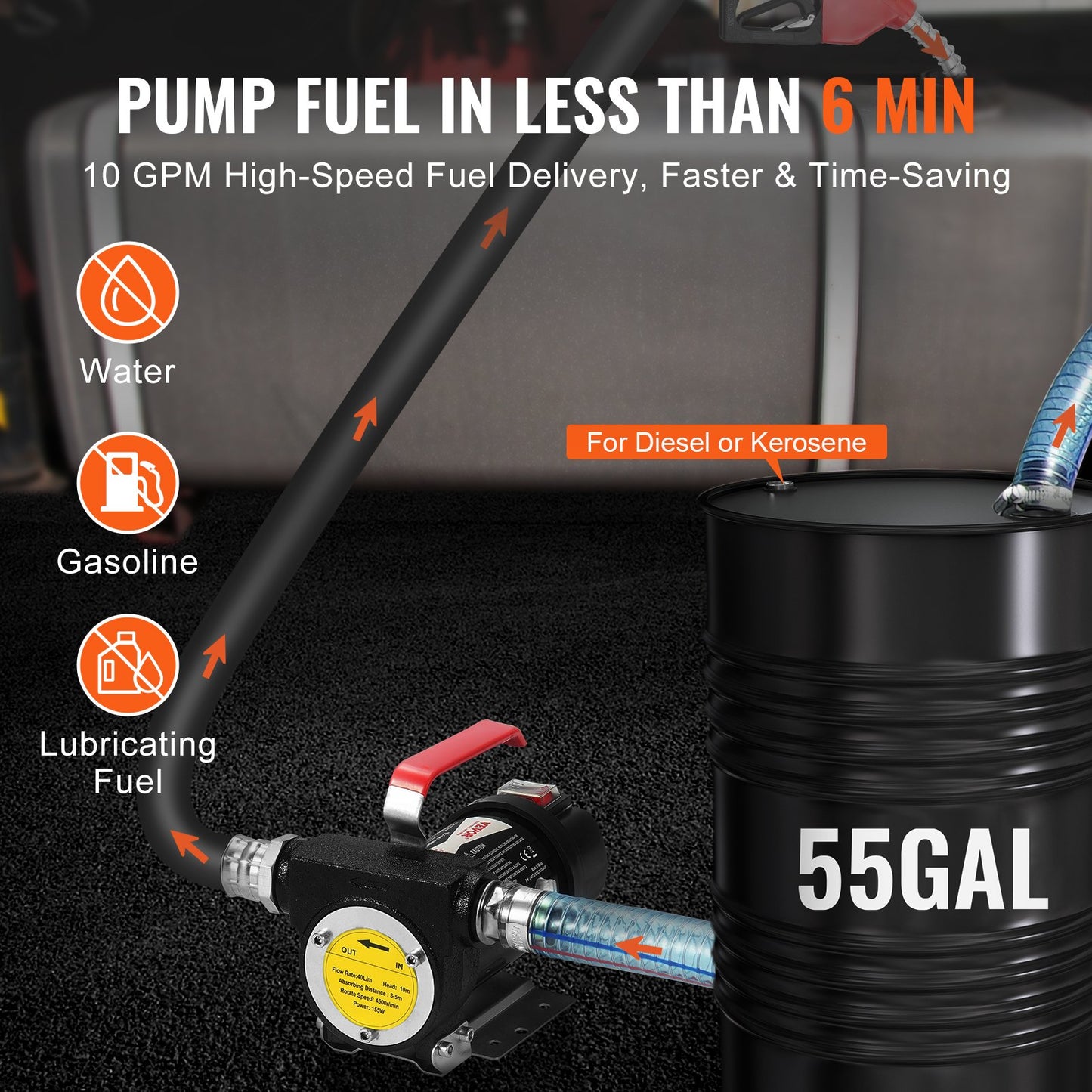 Fuel Transfer Pump, 12V DC 38 L/min(10 GPM) 186W(1/4 HP), Portable Electric Diesel Transfer Pump with Automatic Shut-Off Fuel Nozzle, High Flow, Long Inlet & Outlet Hose for Diesel, Kerosene, Transformer Fuel