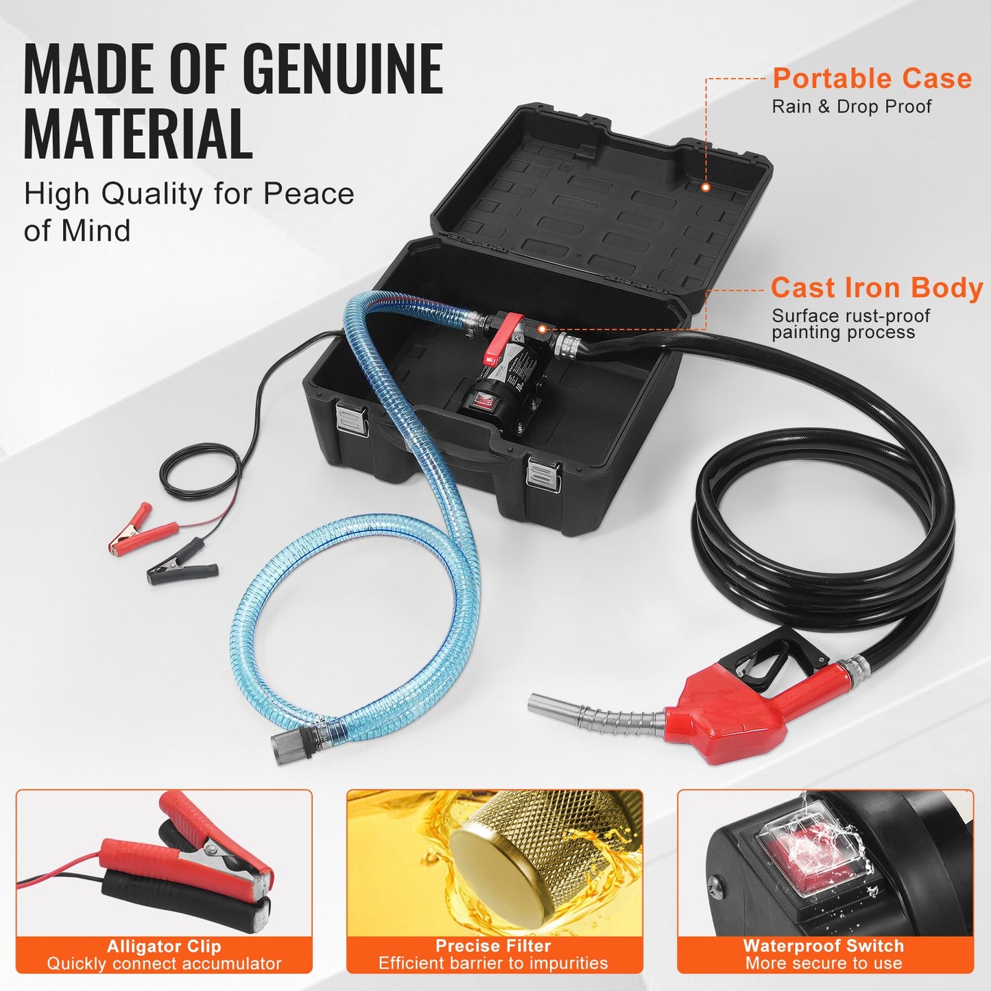 Fuel Transfer Pump, 12V DC 38 L/min(10 GPM) 186W(1/4 HP), Portable Electric Diesel Transfer Pump with Automatic Shut-Off Fuel Nozzle, High Flow, Long Inlet & Outlet Hose for Diesel, Kerosene, Transformer Fuel