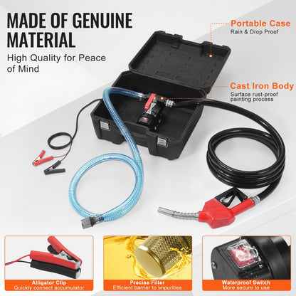 Fuel Transfer Pump, 12V DC 38 L/min(10 GPM) 186W(1/4 HP), Portable Electric Diesel Transfer Pump with Automatic Shut-Off Fuel Nozzle, High Flow, Long Inlet & Outlet Hose for Diesel, Kerosene, Transformer Fuel