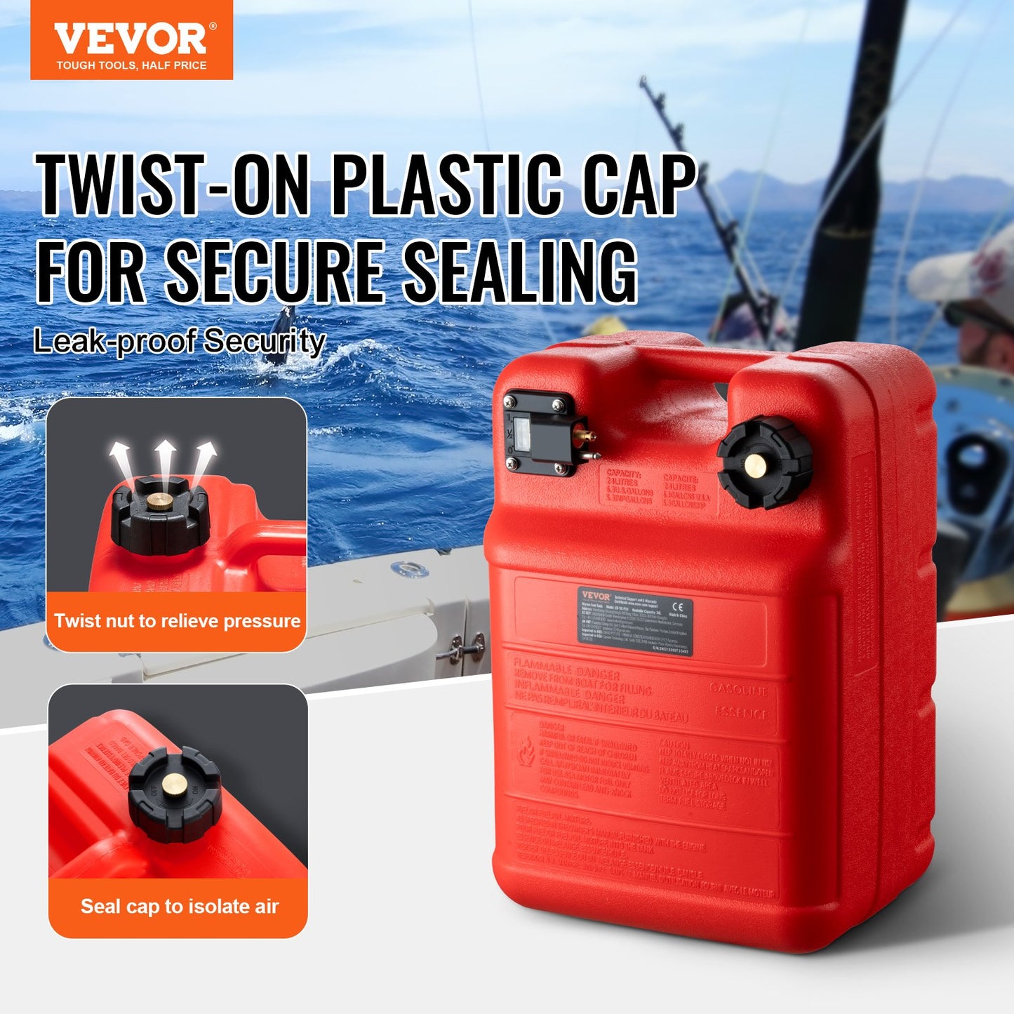 Marine Tank, 6.34-Gallon/24-L Marine Portable Tank Outboard Marine Boat Transfer Tank with 9.8ft Hose, Gauge for Outboard Engine Boats, Yacht, Fishing Boat, Deck Boat, Red