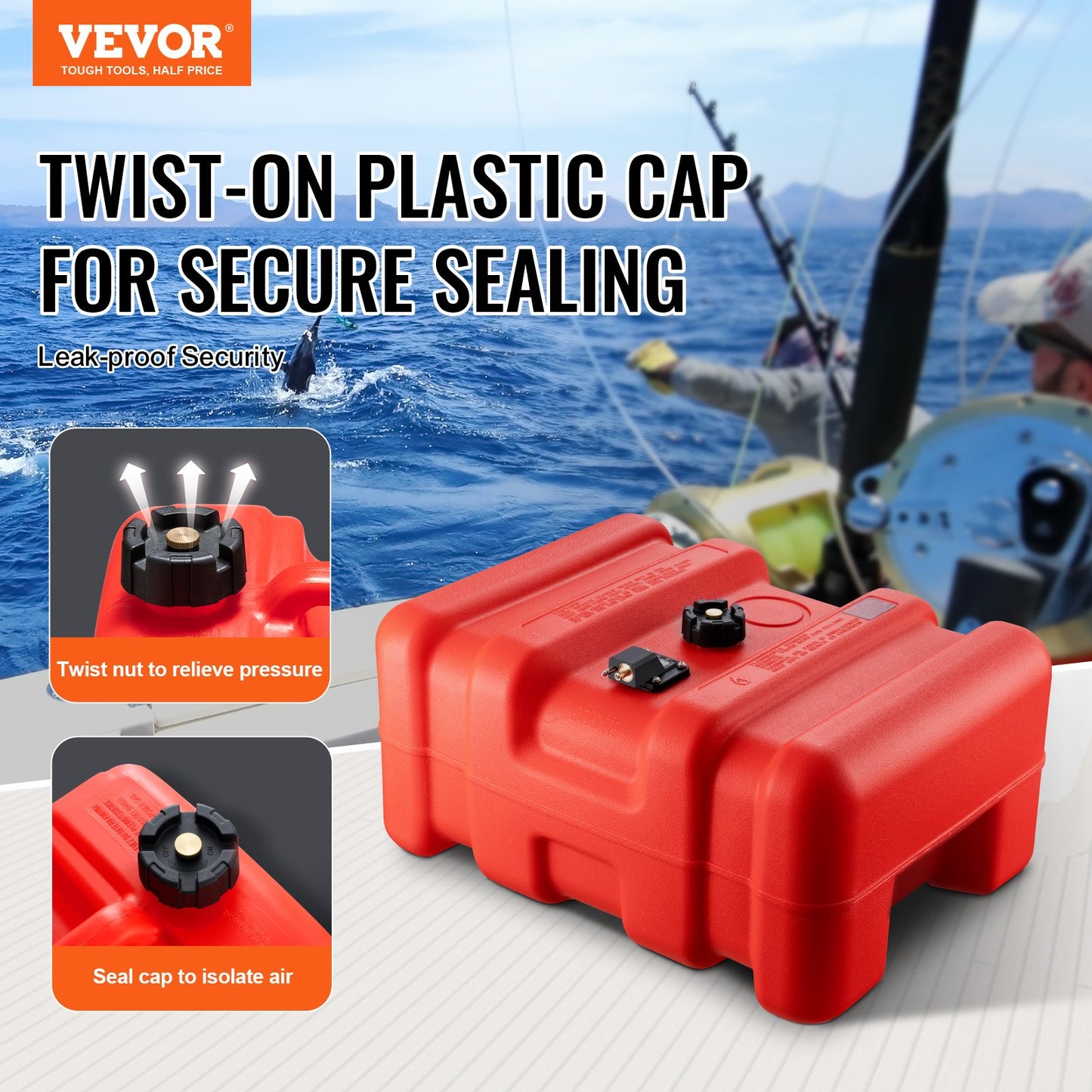 Marin bränsletank, 14,53 gallon/55 l, bärbar båtbränsletank för utombordsmotorer, plastbränsletank för utombordsmotorer med slang, lätt att bära för yacht, fiskebåt, däcksbåt, röd