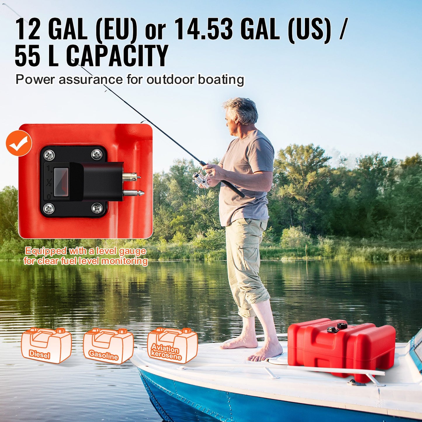 Marin bränsletank, 14,53 gallon/55 l, bärbar båtbränsletank för utombordsmotorer, plastbränsletank för utombordsmotorer med slang, lätt att bära för yacht, fiskebåt, däcksbåt, röd