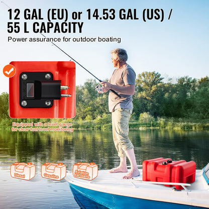 Marin bränsletank, 14,53 gallon/55 l, bärbar båtbränsletank för utombordsmotorer, plastbränsletank för utombordsmotorer med slang, lätt att bära för yacht, fiskebåt, däcksbåt, röd